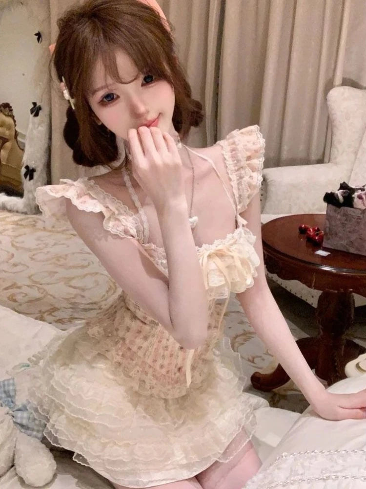 LIZAKOSHT  -  Japanese Lolita Kawaii 2000s 2 Piece Skirt Sets Sweet Print Short Sleeve Blouse + Slim Cake Mini Skirt Y2k Harajuku Vintage Suit
