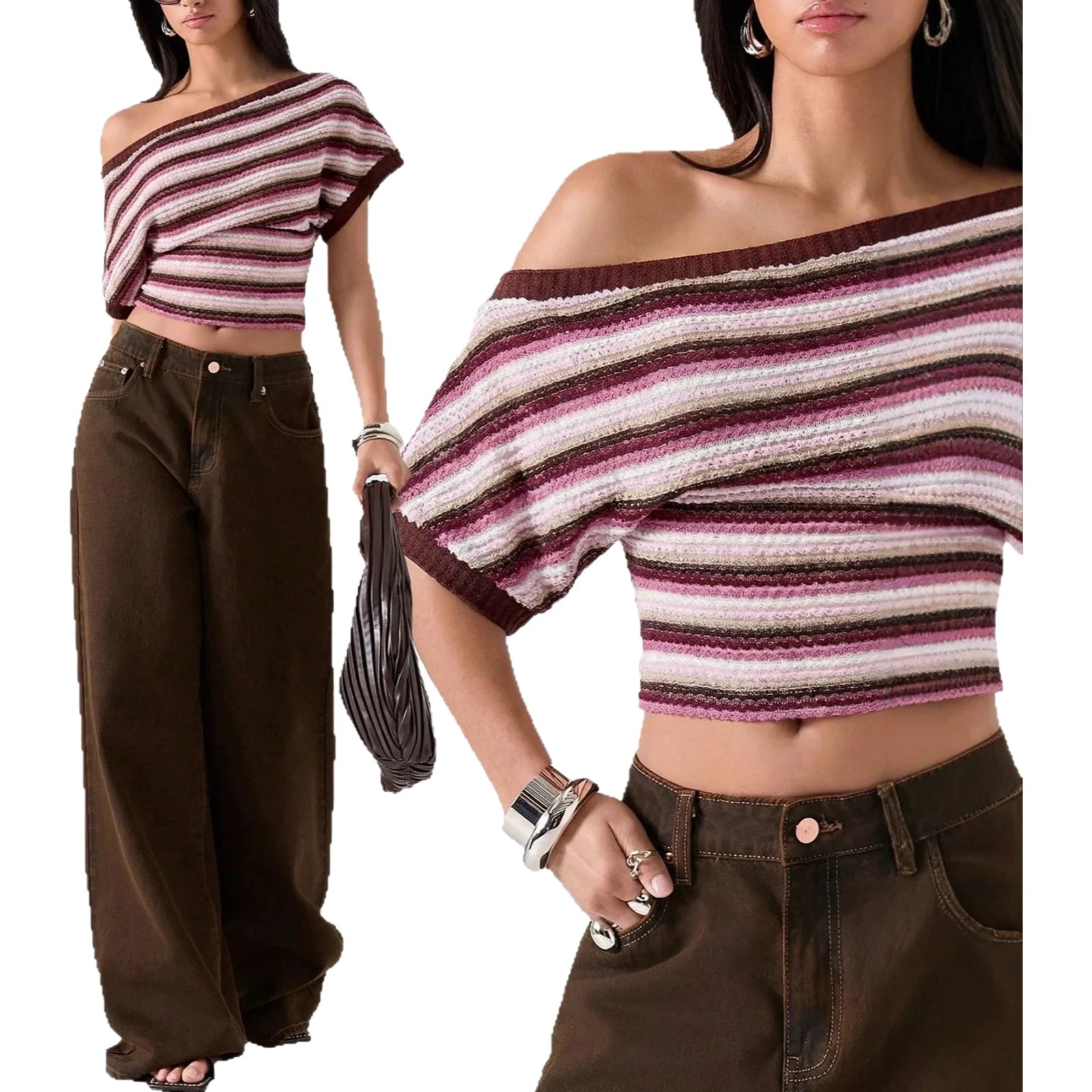 LIZAKOSHT  -  Colorful Bohemian Y2K Spicy Retro Hollow Knitted T-Shirt Asymmetrical Shoulder Line Batswing Sleeve Waist Cinched Top
