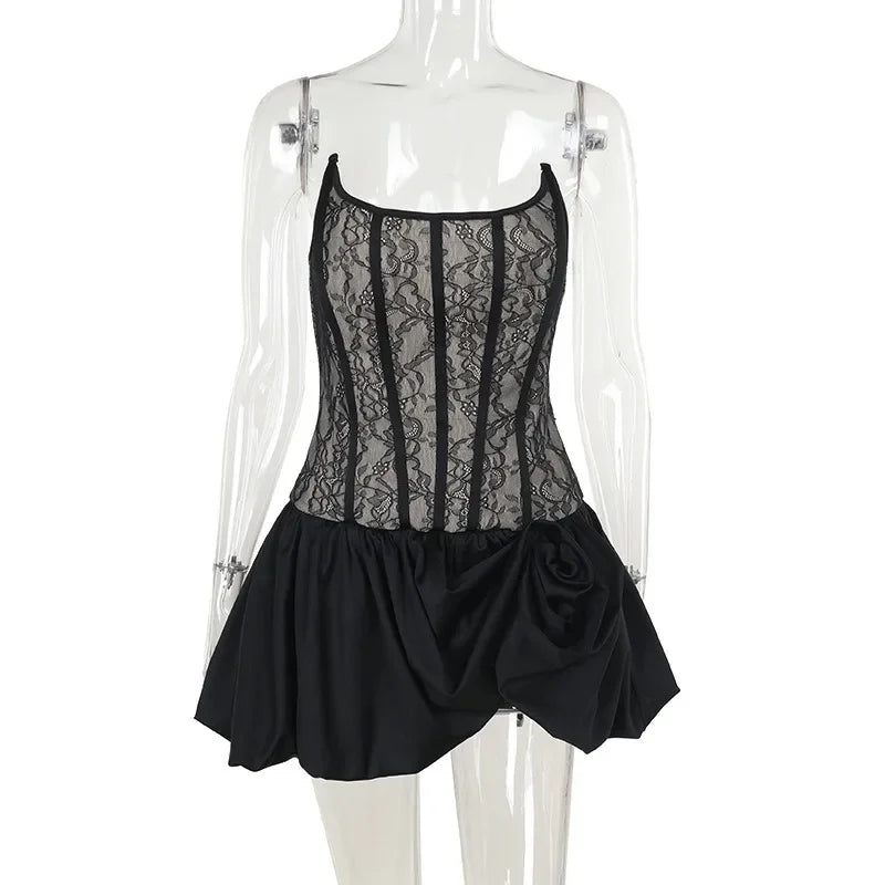 LIZAKOSHT  -  Black Lace Strapless Dress Women's Sexy Sleeveless Pleated A-Line High Waist Dress Backless Off Shoulder Y2k Party Dress
