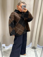 LIZAKOSHT  -  Women's Brown Argyle Pattern Turtleneck Sweater Fluffy Knit Long Sleeve Casual Pullover 2025 Autumn Winter Female Warm Knitwear