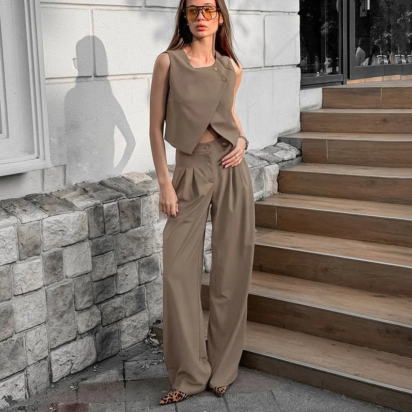 LIZAKOSHT  -  Women's Khaki Sleeveless Vest & Pants Set 2025 Spring Summer Casual High Waist 2PCS Wide Leg Pants Fashion Office Wear