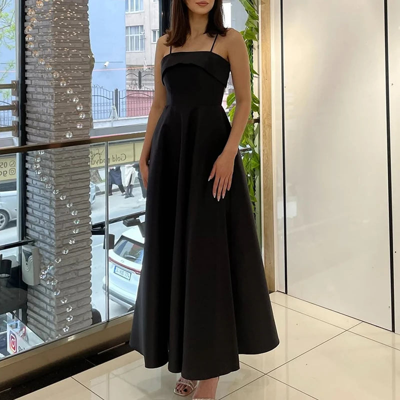 LIZAKOSHT  -  Sexy Waist Cinching Sleeveless Pleated Party Dress Leisure Ladies Solid Dresses French Style Vintage Satin Sling Evening Dresses