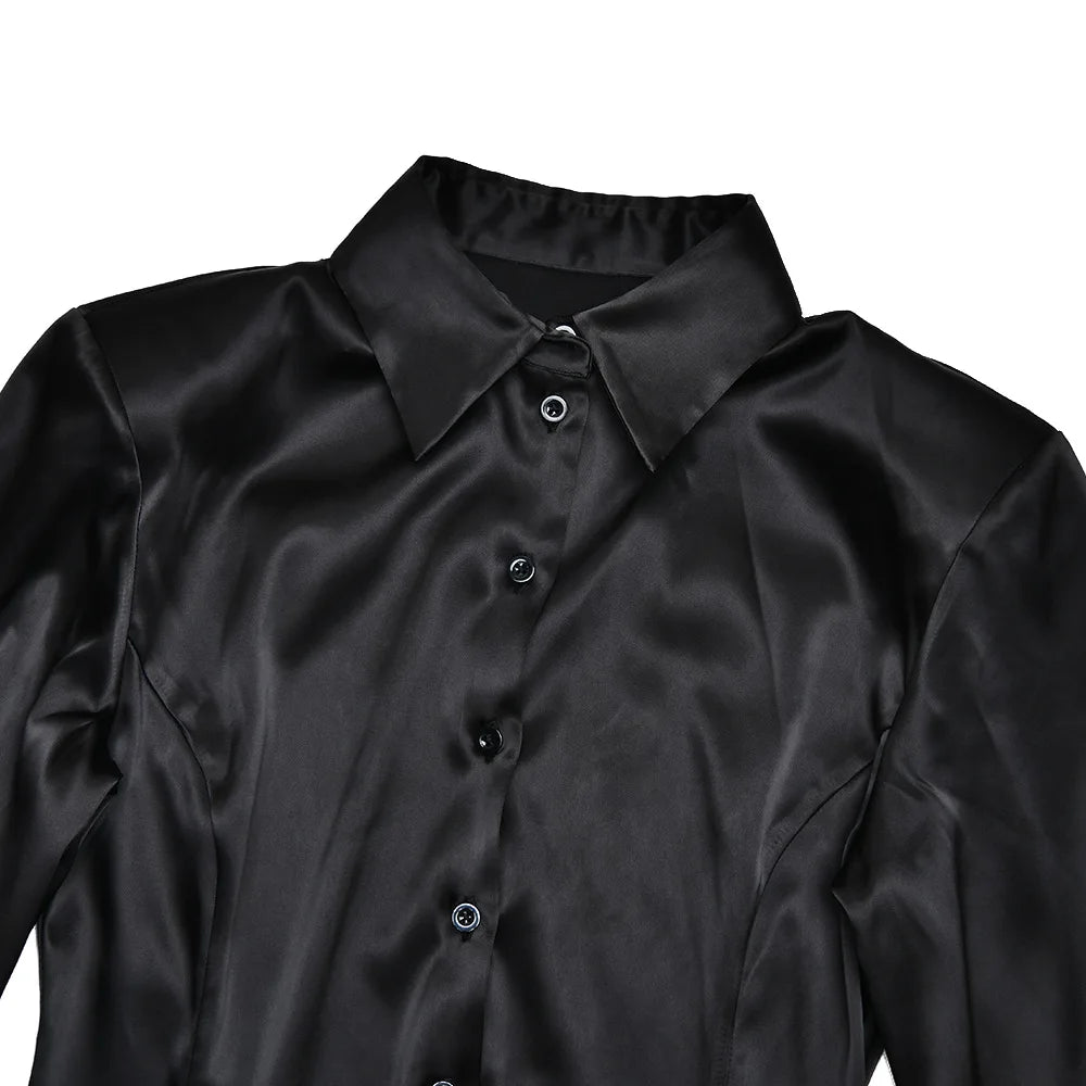 LIZAKOSHT  -  Waist-Snug Lapel Button-Front Satin Blouse Tops 2026 Spring Chic Elegant  Long-Sleeve Slim Top Fashion Chic Office Lady Shirt