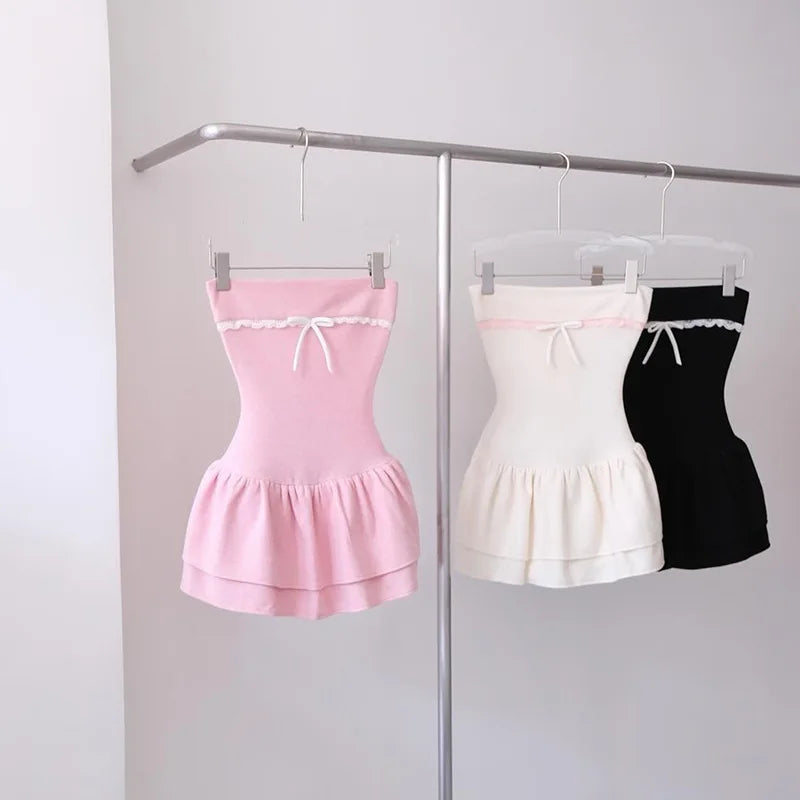 LIZAKOSHT  -  European American Style Summer New Women's Cloth Contrasting Color Splicing One-word Collar Chest-wrapped Ruffle Edge Slim Dress