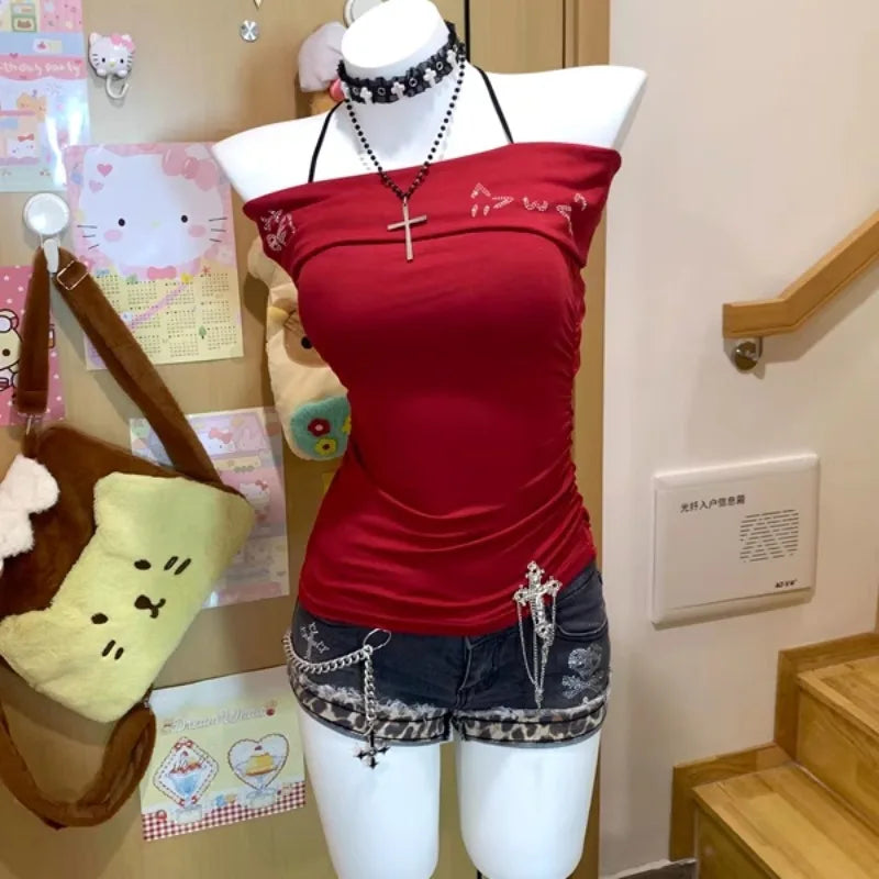 LIZAKOSHT  -  Women Clothing Slash Neck Short Sleeve Sexy T Shirts Cotton Summer Tees Chic Korean Camisetas Y2k Tops Diamond Cartoon Tshirts