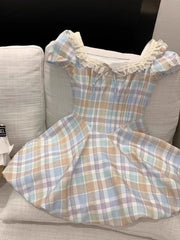 LIZAKOSHT  -  Summer Sweet Dopamine Slim Plaid Dress Women Fashion Design Square Neck Short Sleeve Dresses Elegant Bow Pretty Flower Bud Dress