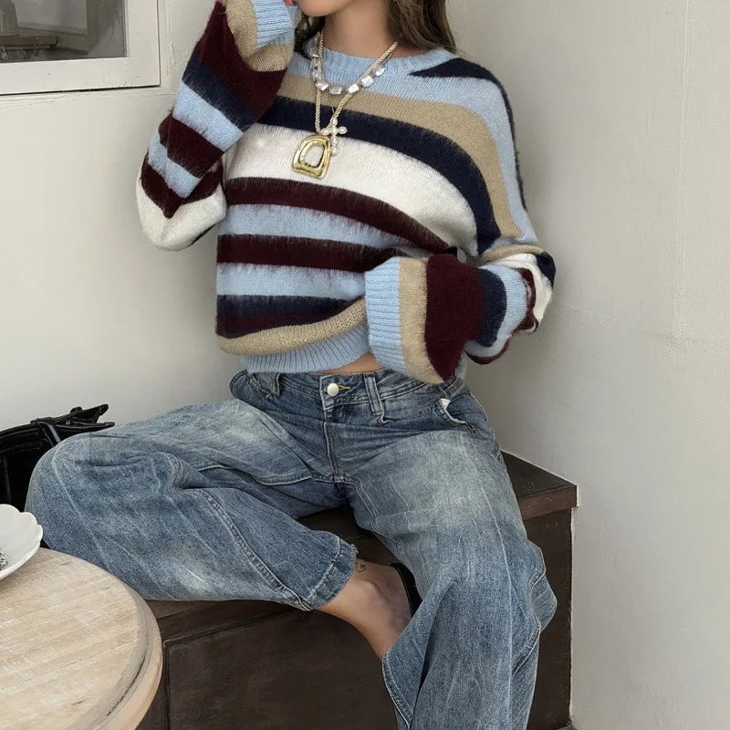  LIZAKOSHT  -  Women Multicolor Block Stripe Crew Neck Knit Sweater Loose Long Sleeve Pullover