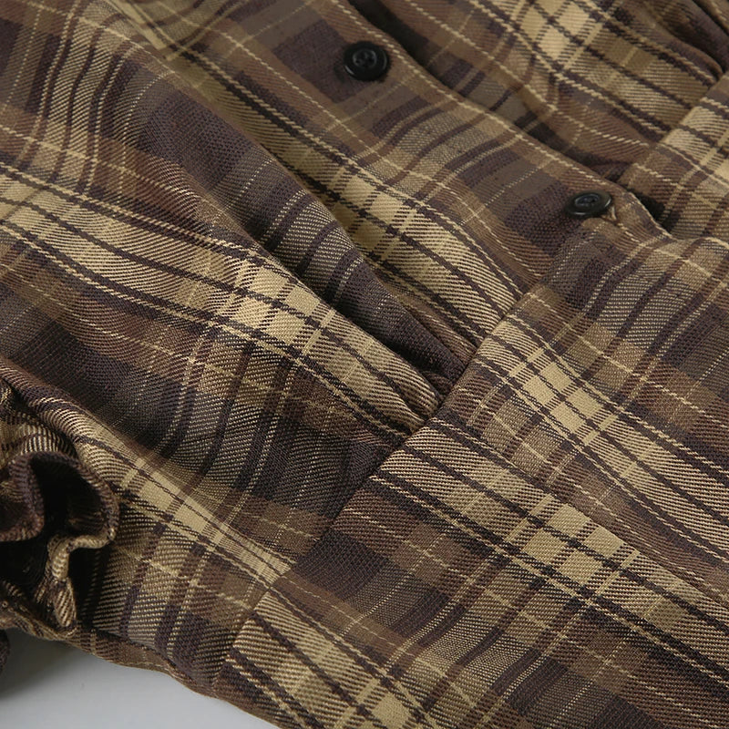 LIZAKOSHT  -  Back Shirred Plaid Blouse Brown French Style Turn-down Collar Single-breasted Shirts Vintage Puff Short Sleeve Tops