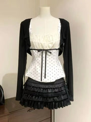 LIZAKOSHT  -  Korean Fashion Sweet Summer Design Polka Dot Sling Vest + Black Cardigan + High-waist Short Skirt 2-piece Set Women's New