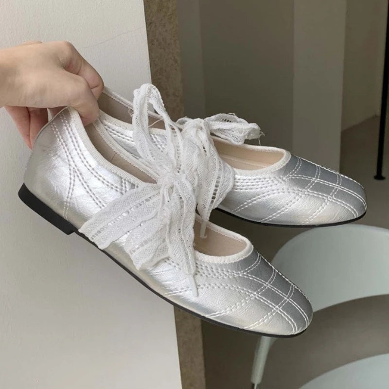 LIZAKOSHT  -  Fashion Round Toe Ballet Flats Women Butterfly-knot New Concise Casual Flat Shoes Comfy Silvery Brand Designer Women Shoes