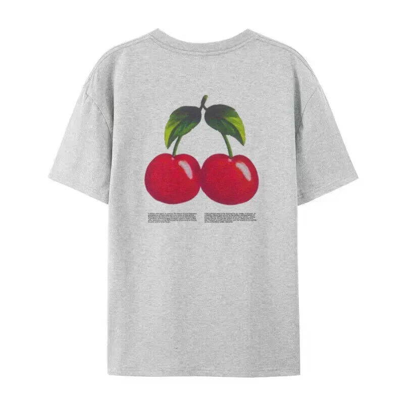 LIZAKOSHT  -  Cherry Fruit Back Print Graphic Tees Vintage Women Cotton Shirt Oversized Cute Retro Streetwear Clothes Grunge Y2k Aesthetic Top