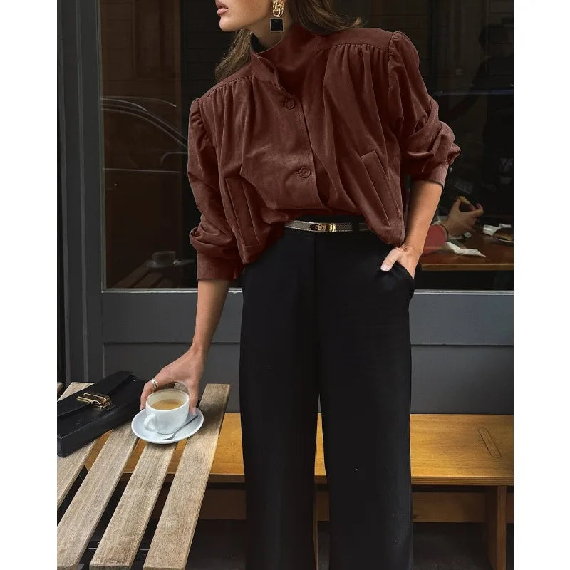 LIZAKOSHT  -  Elegant Fashion Brown Stand Collar Jackets Street Chic Single-Breasted Coat for Woman Gray Outerwear 2025 Autumn Long Sleeve Top