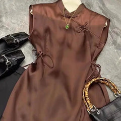 LIZAKOSHT  -  New Chinese Retro O-neck Lace Up Blouses Sumemr New Sleeveless All-match Shirts Women Y2k Mid-length Loose Blusas Mujer