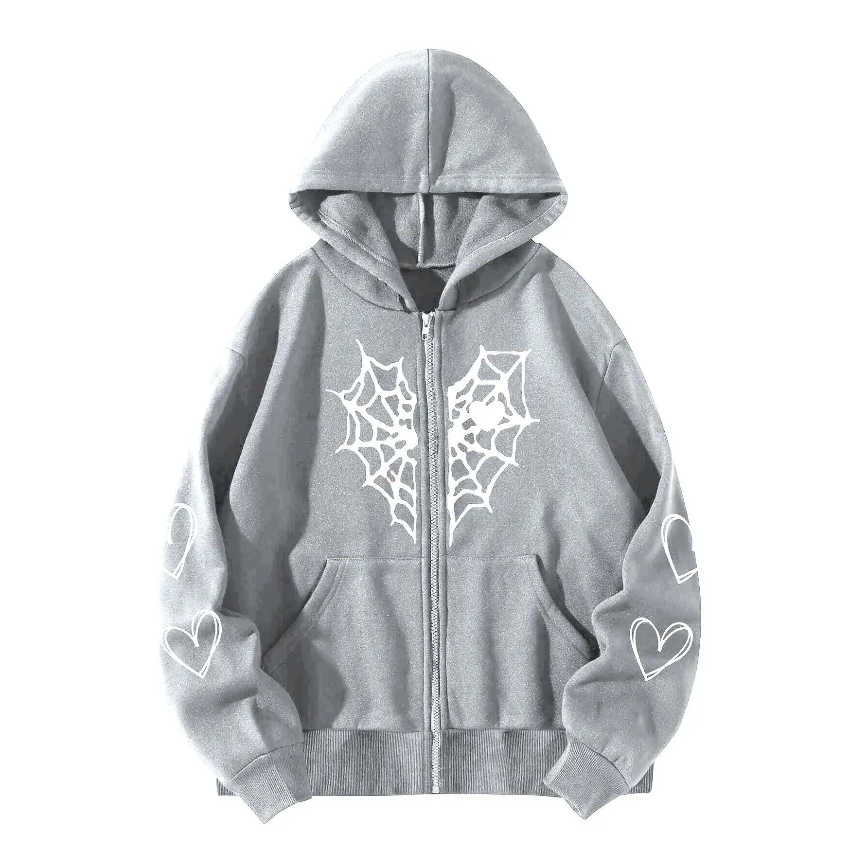 LIZAKOSHT  -  Thi Heartaped Printed Zipper Warm Hooded Cardigan Long Sve Mid-Length Polyester Women's Sweatirt Faion Autumn