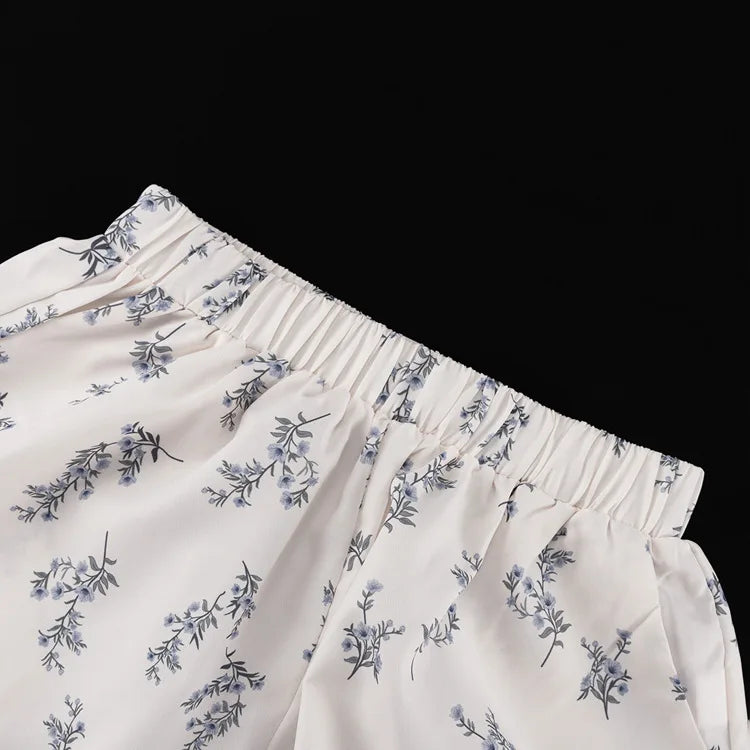 LIZAKOSHT  -  2025 French Style 2pcs Set Puff Sleeve Blouse & Printed Shorts High Neck Ruffle Trim Elegant Coords for Spring Summer