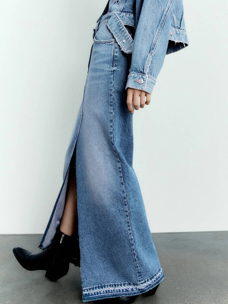 LIZAKOSHT  -  Blue Denim Long Skirt Women Spring Summer Elegant Front Split Maxi Skirt Ladies Vintage Fashion High Waist Slim Streetwear Skirt