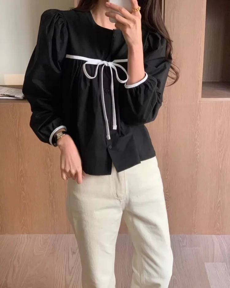 LIZAKOSHT  -  Korean Fashion Casual All-match Blusas Mujer 2025 Summer New Black Blouses  Y2k E-Girl O-neck Bow Lace Up Shirts Women