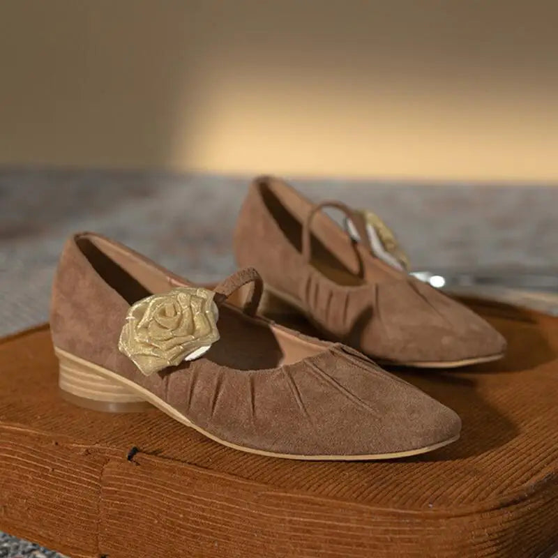 LIZAKOSHT  -  New Spring Retro Suede Mary Jane Low Heel Shoes Women Shallow Square Toe Chinese Style Floral Buckle Pleated Shoes Ladies Pumps
