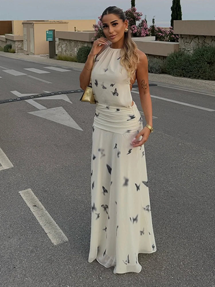 LIZAKOSHT  -  Sexy Printed Halter Long Dresses Women Fashion Sleeveless Backless High Waist Slim Maxi Dress 2025 Lady Summer Chic Casual Robes