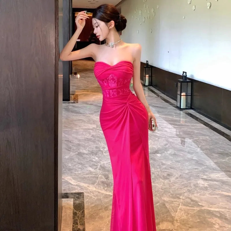 LIZAKOSHT  -  Dresses Women Sexy Lace Patchwork Strapless Slim Ruched Backless Temperament Cocktail Dress Party Female Fashion
