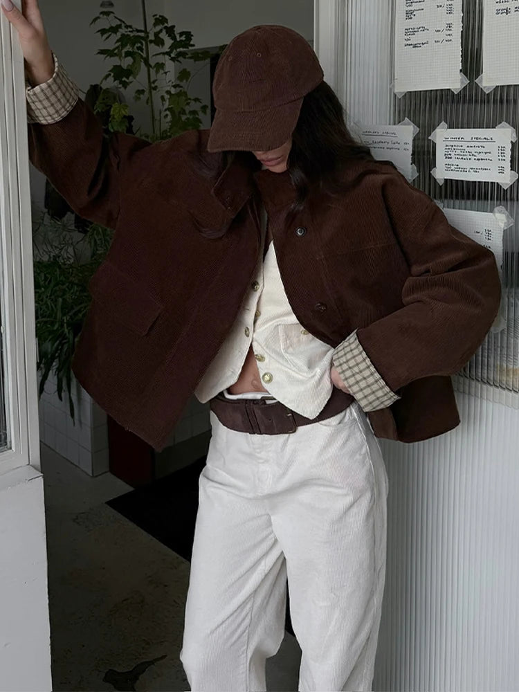 LIZAKOSHT  -  Autumn Chic Plaids Linen Solid Corduroy Coats Elegant Female Stand Collar Zipper Long Sleeves Jacket Fashion Lady Street Outwear