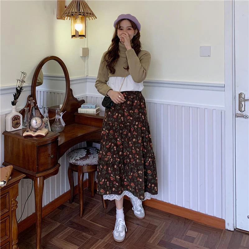 LIZAKOSHT  -  Vintage Floral Midi Skirt Women Lace Patchwork High Waist A Line Loose Casual Skirts Fall Winter Retro Harajuku Elegant Skirt