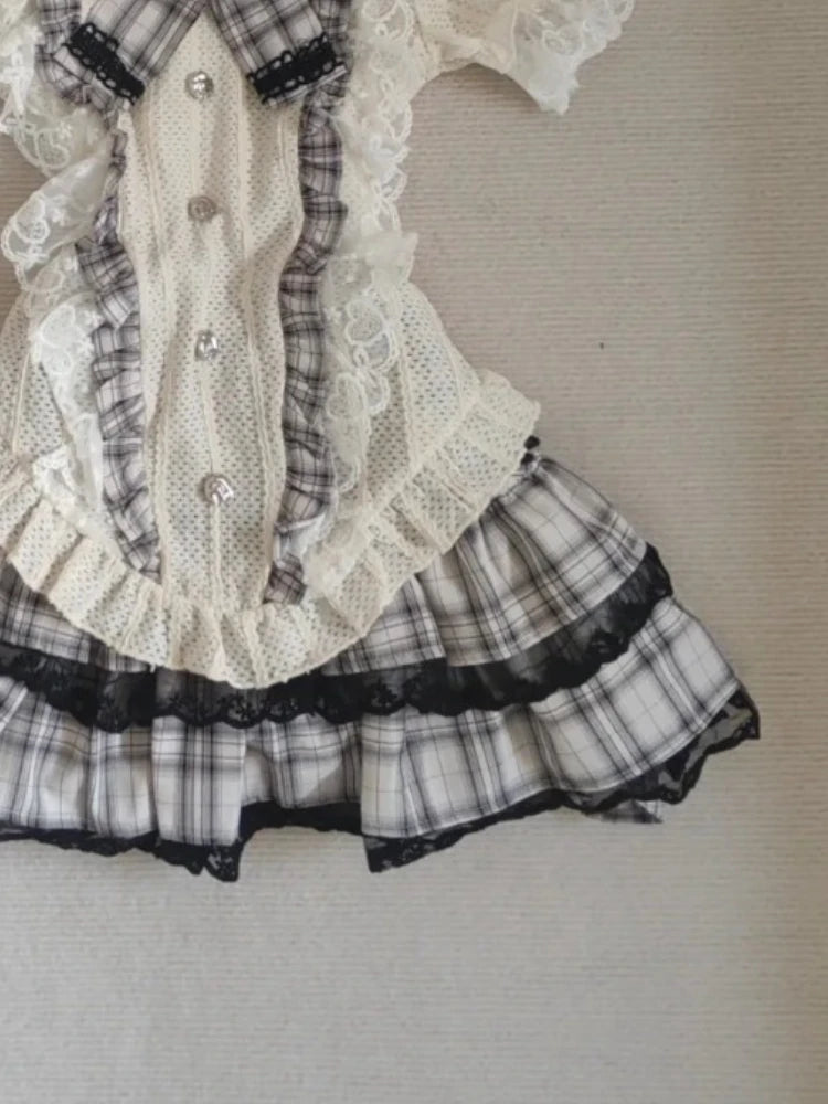 LIZAKOSHT  -  Japanese Sweet Kawaii Women 2 Piece Set Cute Bow Lace Tops +Mini Puffy Skirt New Fashion Harajuku Y2k Plaid Preppy Style Outfits