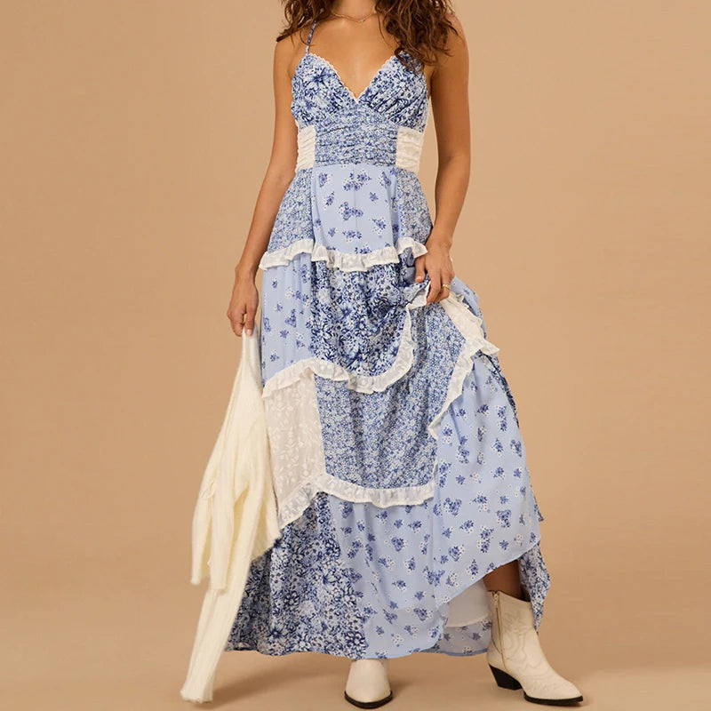 LIZAKOSHT  -  Women Floral Flowy Maxi Dress Boho Y2K Long Dress Spaghetti Strap V Neck Low Cut Ruffle Frill Tiered Beach Sundress