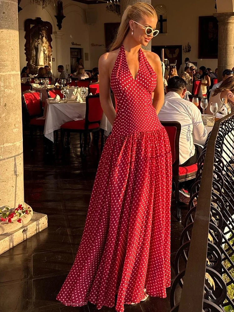 LIZAKOSHT  -  Modern Hipster Women Maxi Dress Elegant Point Print Halter V-neck Backless Bodycon Female High Street Festival Vestidos