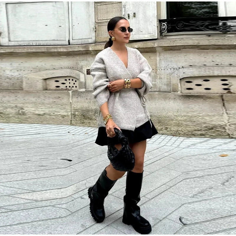 LIZAKOSHT  -  Casual Knit Cardigan Women Loose V Neck Long Sleeves Lace Up Sweater Coats Female 2025 Autumn Winter Solid Soft Chic Knitwears