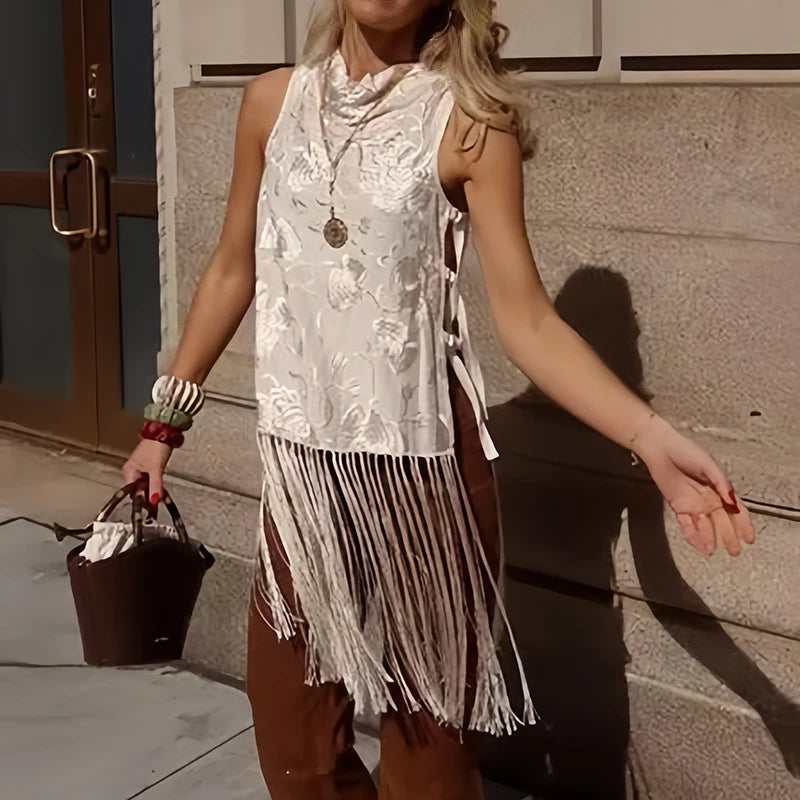 LIZAKOSHT  -  Elegant Tassel Splice Women Sleeveless Top Summer Fashion O-neck Hollow Out Loose Shirt Casual Crochet Simple Pullover Vest