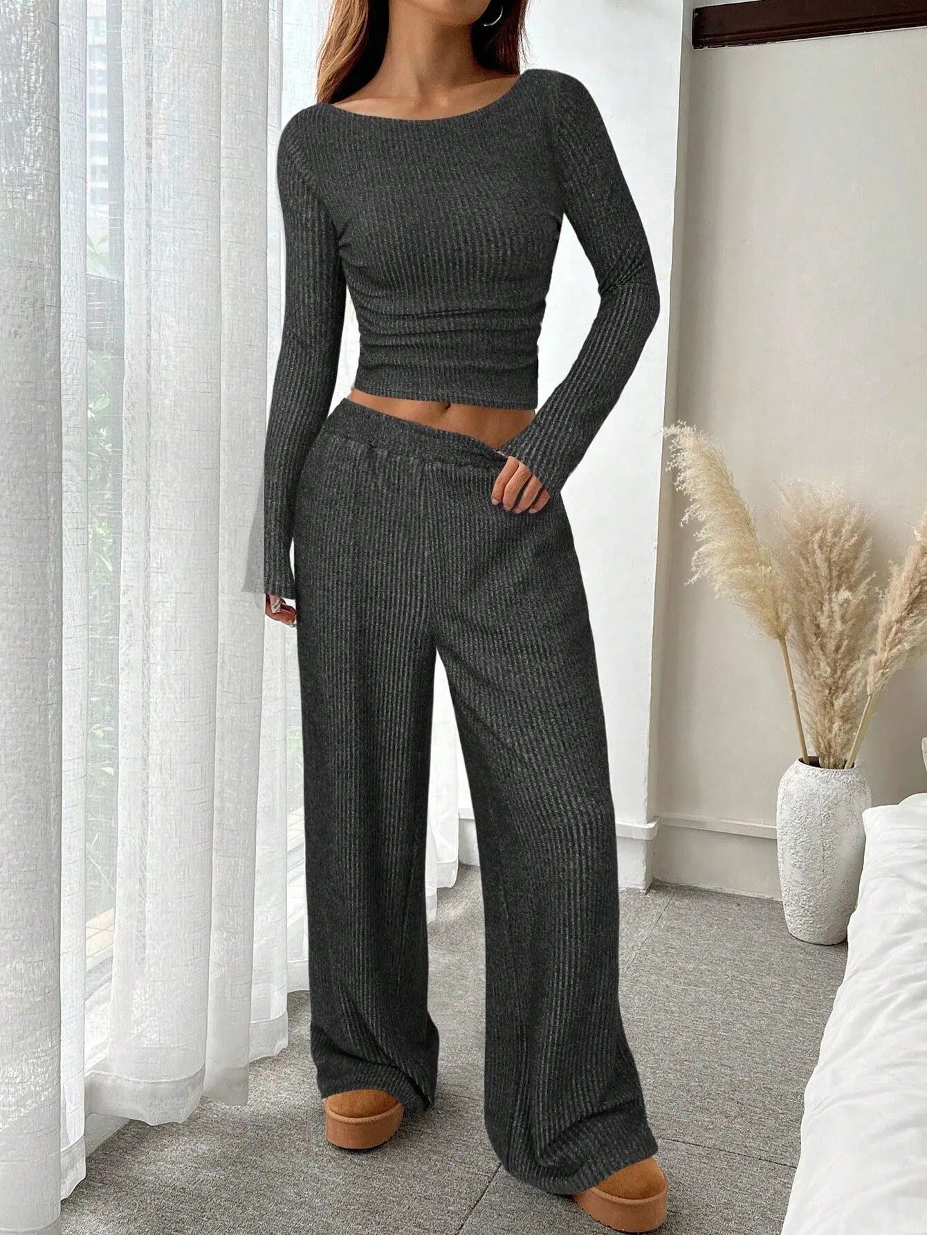 LIZAKOSHT  -  Fall Winter Women 2 Piece Set Solid Off Shoulder Long Sleeve Top Elastic Waist Wide Leg Pants Fashion Casual Outfit