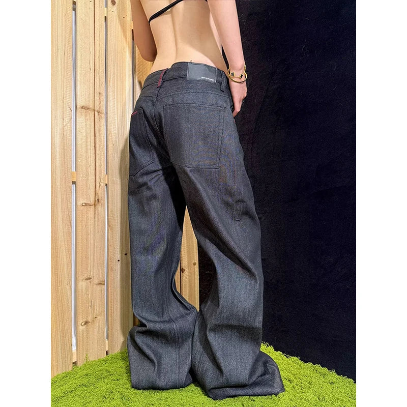 LIZAKOSHT  -  Women's American Vintage Denim Red Stitch Raw Black Straight Micro Flare Jeans Slim Fit Fashion Casual Stretch Long Denim Trouse
