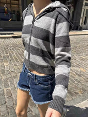 LIZAKOSHT  -  Casual Women Zip-up Striped Knit Cardigan Autumn Vintage Ladies Pocket Hooded Sweaters Female Chic Long Sleeve Tops