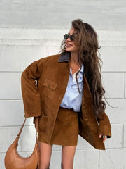 LIZAKOSHT  -  Women Brown Suede Short Jacket Leather Lapel Pockets Single Breasted Outerwear 2025 New Autumn Fashion High Street Lady Jackets