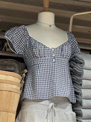 LIZAKOSHT  -  Women Navy Plaid Lace Trim T-Shirt Summer Blouse Buttons Scoop Neck Puff Sleeve Cotton Tshirt Sweet Preppy Style Crop Tops Y2k