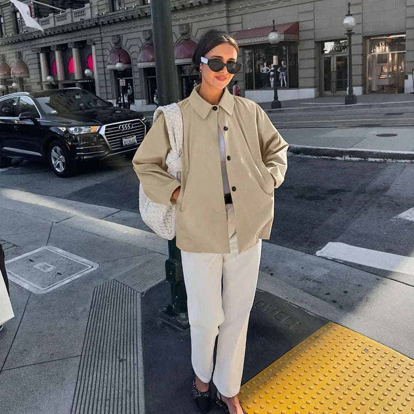 LIZAKOSHT  -  Autumn/Winter New Fashionable Loose Medium length Women's Windbreaker Coat French Commuter Khaki Turn-down Collar Work Jacket