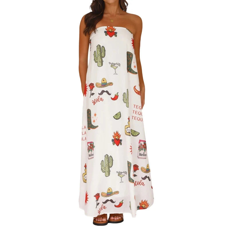 LIZAKOSHT  -  Women Graphic Strapless Long Tube Dress Vintage Off Shoulder Backless Maxi Dress Flowy Summer Holiday Beach A-line Dress