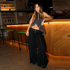 LIZAKOSHT  -  Street Cool Black Rivet Hole Jean Women Vintage Mid-Waist Long Pants Fashion Y2K Zipper Denim Trouser Straight Leg Jeans