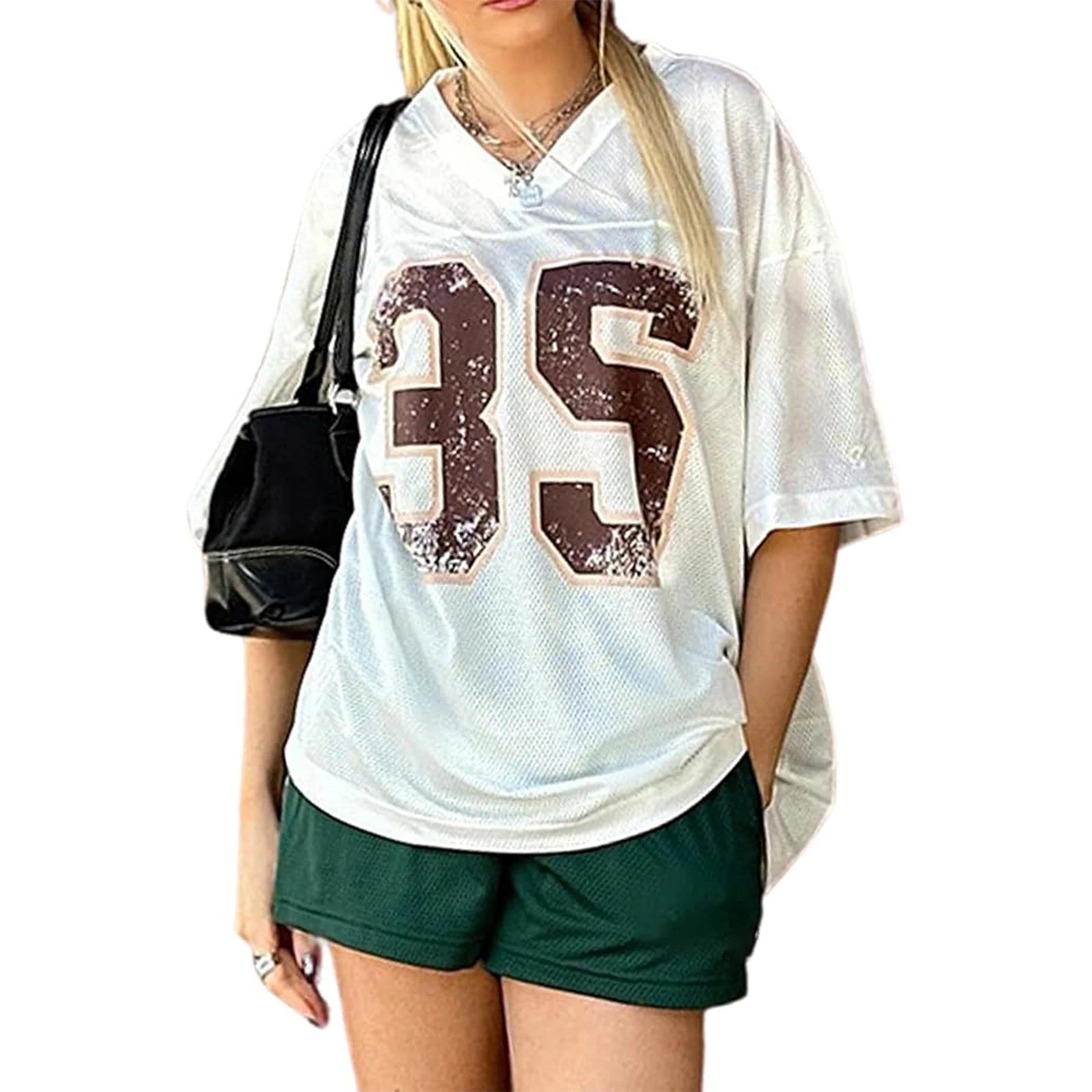 LIZAKOSHT  -  Women T-shirts Short Sleeve V Neck Contrasting Fashion Numbers Print Summer Oversized Pullover Tops Streetwear for Casual Daily