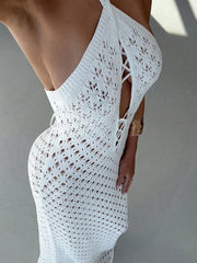 LIZAKOSHT  -  White Knit Beach Long Dress Women See-Through Lace-Up Backless Hollow Out Loose Sexy Dress Female Knitwear Summer Dress