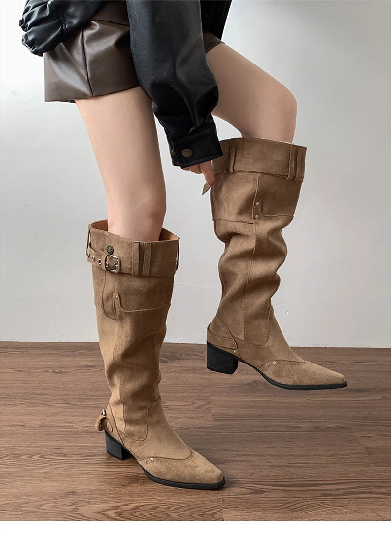 LIZAKOSHT  -  Vintage Rivet Hottie Women Knee-High Boots Fashion Belt Buckle Female Pleated Knight Long Booties Shoes