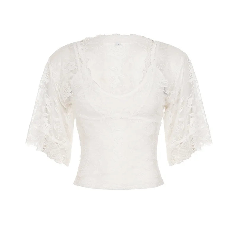 LIZAKOSHT  -  New Euramerican Summer Spliced Lace Fake Two Piece Y2k V Neck Half Sleeve See-throught Women Shirts Harajuku Temperament Tops