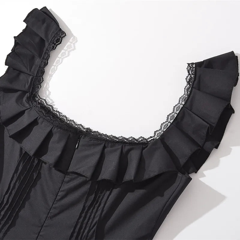 LIZAKOSHT  -  Woman Sleeveless A line Mini Robe Sexy Black Spliced Lace Square Collar Ruffles Wood ears Strap Corset Style Sling Dress