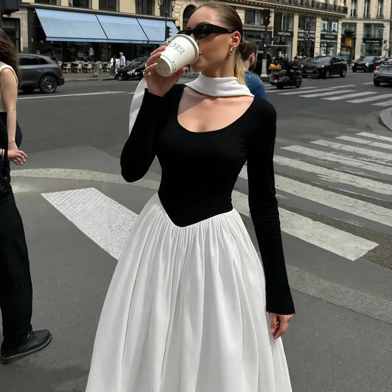 LIZAKOSHT  -  Fashion Autumn and Winter New Women's Fashion Contrast Sexy U-neck Long Sleeves Waist Big Swing Dress for Women
