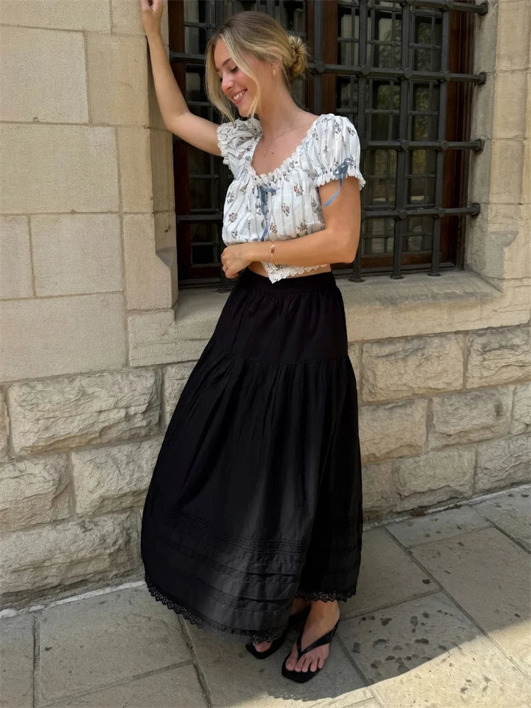 LIZAKOSHT  -  White High Waist Lace Long Skirt Female Pleated Casual Basic Summer Solid Loose Elegant Maix Skirt Women's Clothes Femme