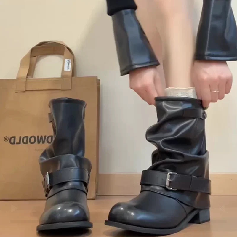 LIZAKOSHT  -  Autumn Winter Women Western Ankle Boots Fashion Belt Buckle Thick Heel Shoes Ladies Elegant Party Dress Short Booties