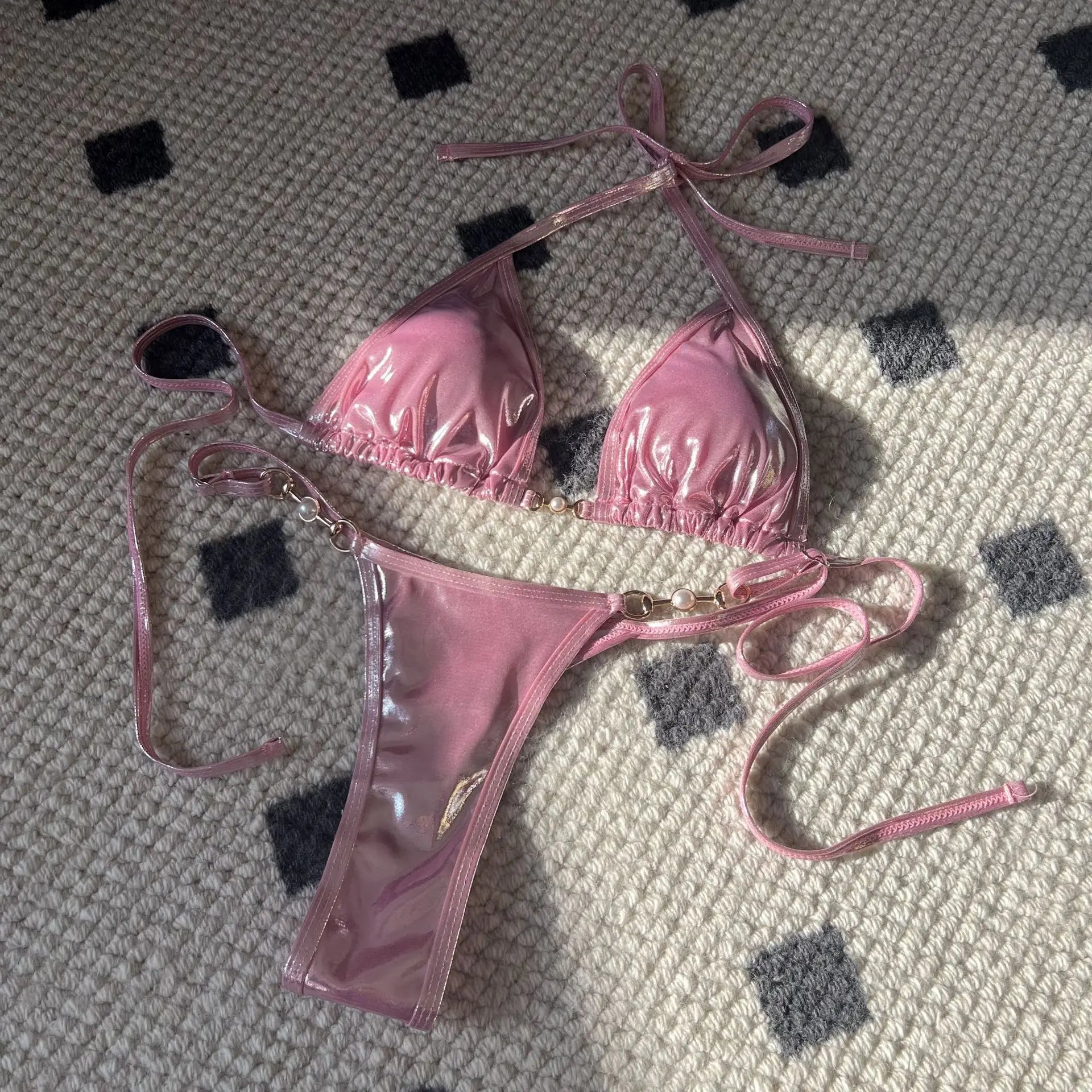 LIZAKOSHT  -  Shiny Pink Micro Bikini Mujer Women Sexy PU Pearls Push Up Thong Swimsuit Summer Bathing Suit Bandage Holiday Swimwear