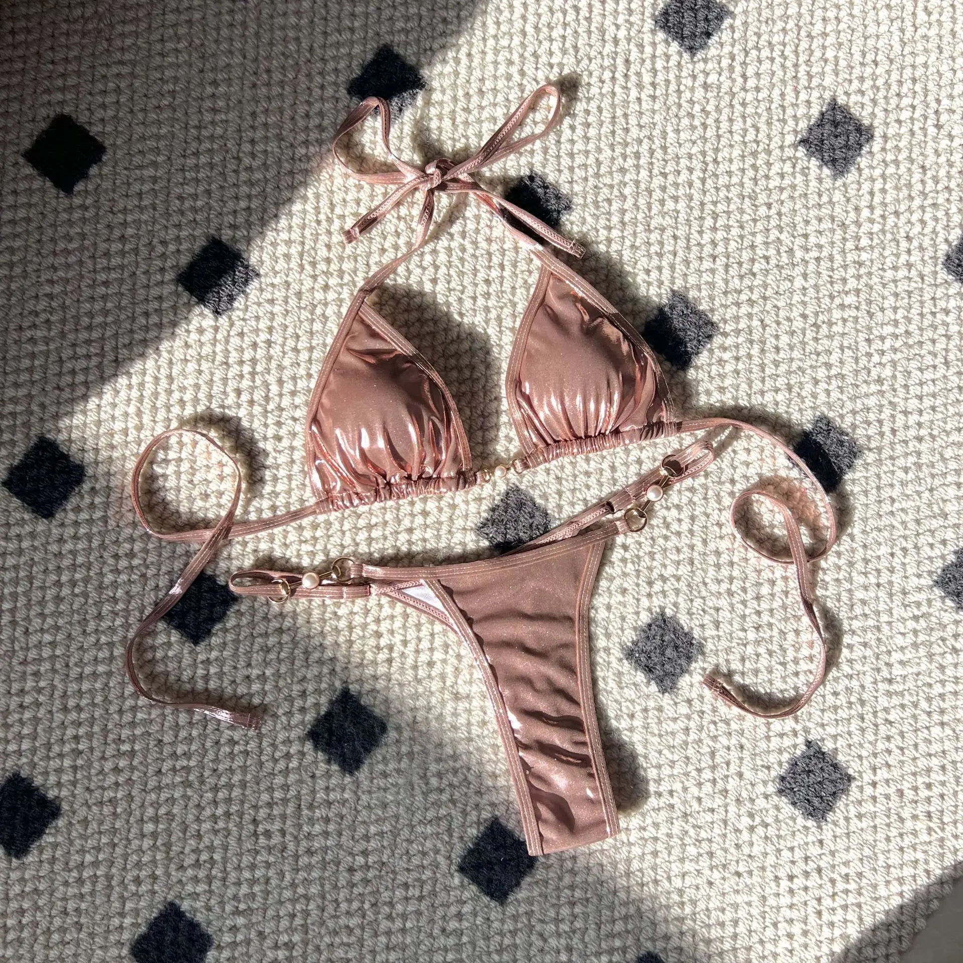 LIZAKOSHT  -  Shiny Pink Micro Bikini Mujer Women Sexy PU Pearls Push Up Thong Swimsuit Summer Bathing Suit Bandage Holiday Swimwear