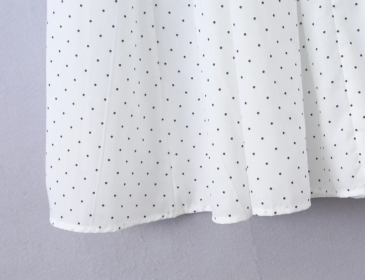 LIZAKOSHT  -  Dot Print Wood ears Ruched Chest Bow U collar Puff Sleeve Dress Elastic High Waist Pleated Swing Midi Dresses Holiday Robe